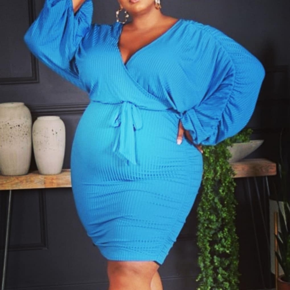 Blue Wrap Style Long Sleeve Dress 22W 24W